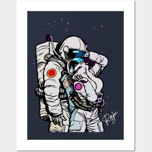 Vector - cosmic love of cosmonauts, man hugs woman. Pop art retro comic book vector cartoon vector illustration hand drawing Posters and Art